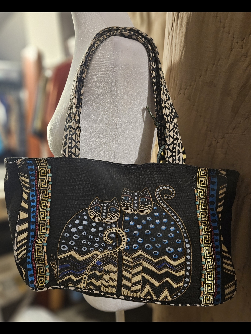 Laurel Burch Cat Design Sm-Medium Black Blue Gold Accent Beaded Tote Bag